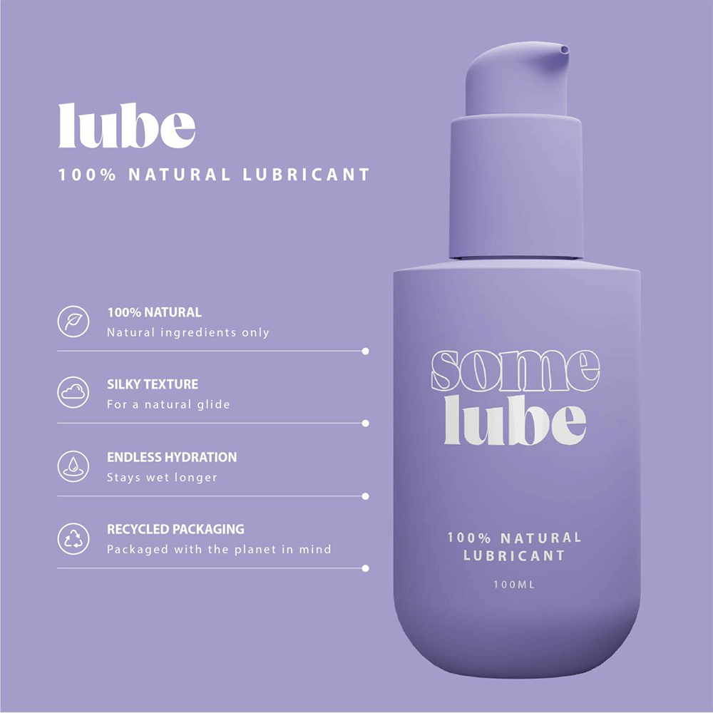 Specifikationer på SOME LUBE Natural Ekologiskt Glidmedel 100ml mot lila bakgrund.