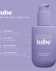 Specifikationer på SOME LUBE Natural Ekologiskt Glidmedel 100ml mot lila bakgrund.