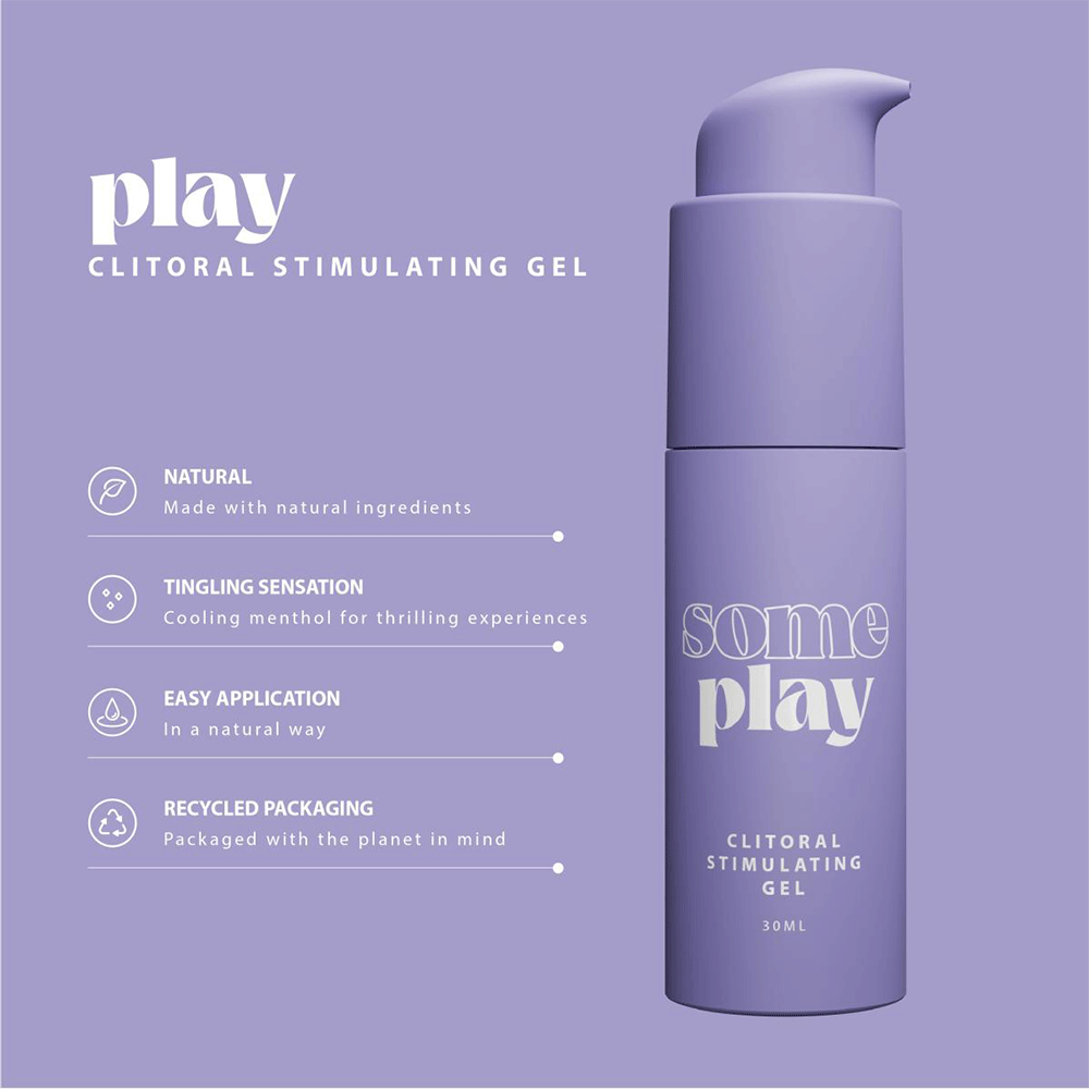 Specifikationer på SOME PLAY Clitoral Stimulating Gel 30ml mot lila bakgrund.