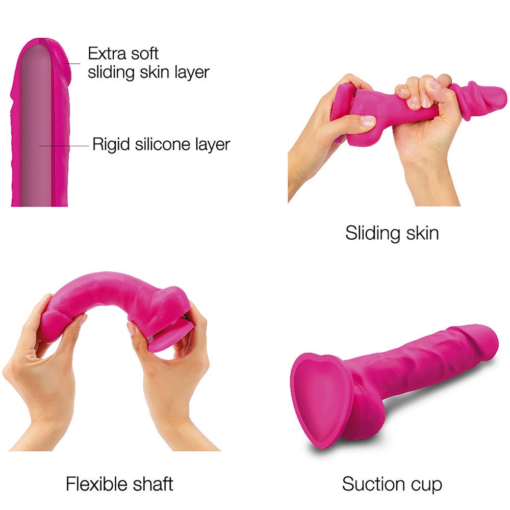 Strap-On-Me Sliding Skin Realistic Dildo Fuchsia L anvisningar mot vit bakgrund.