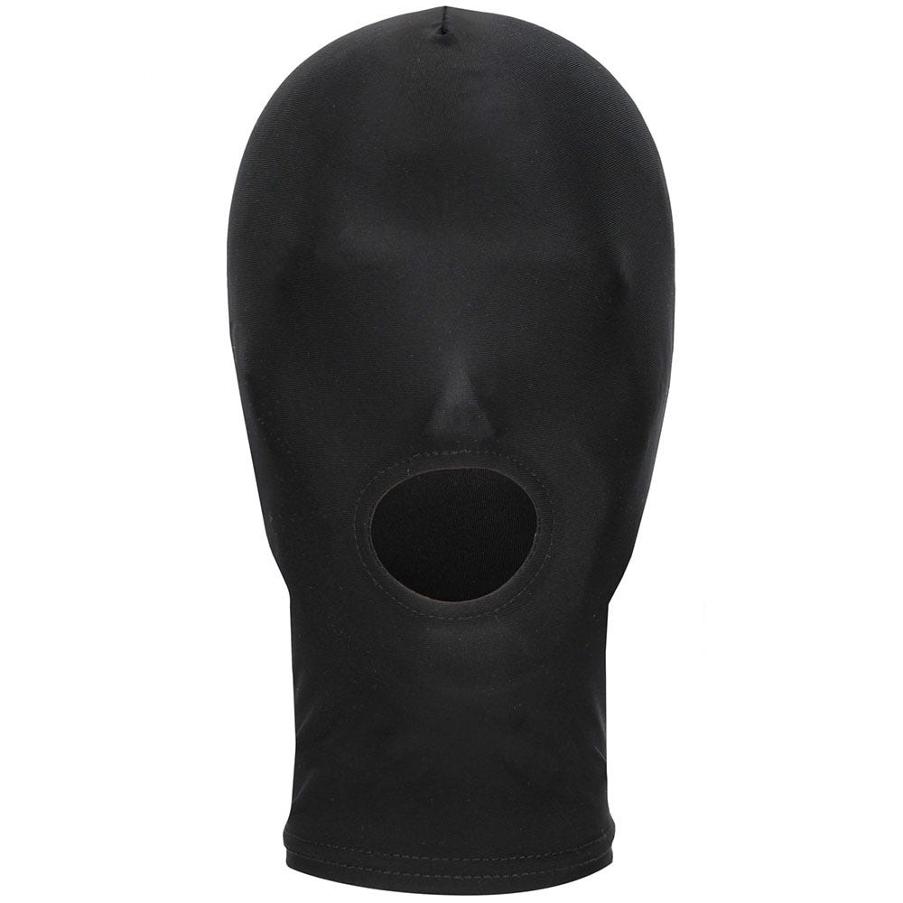 Submission Mask. Svart mask med hål över munnen. Vit bakgrund.