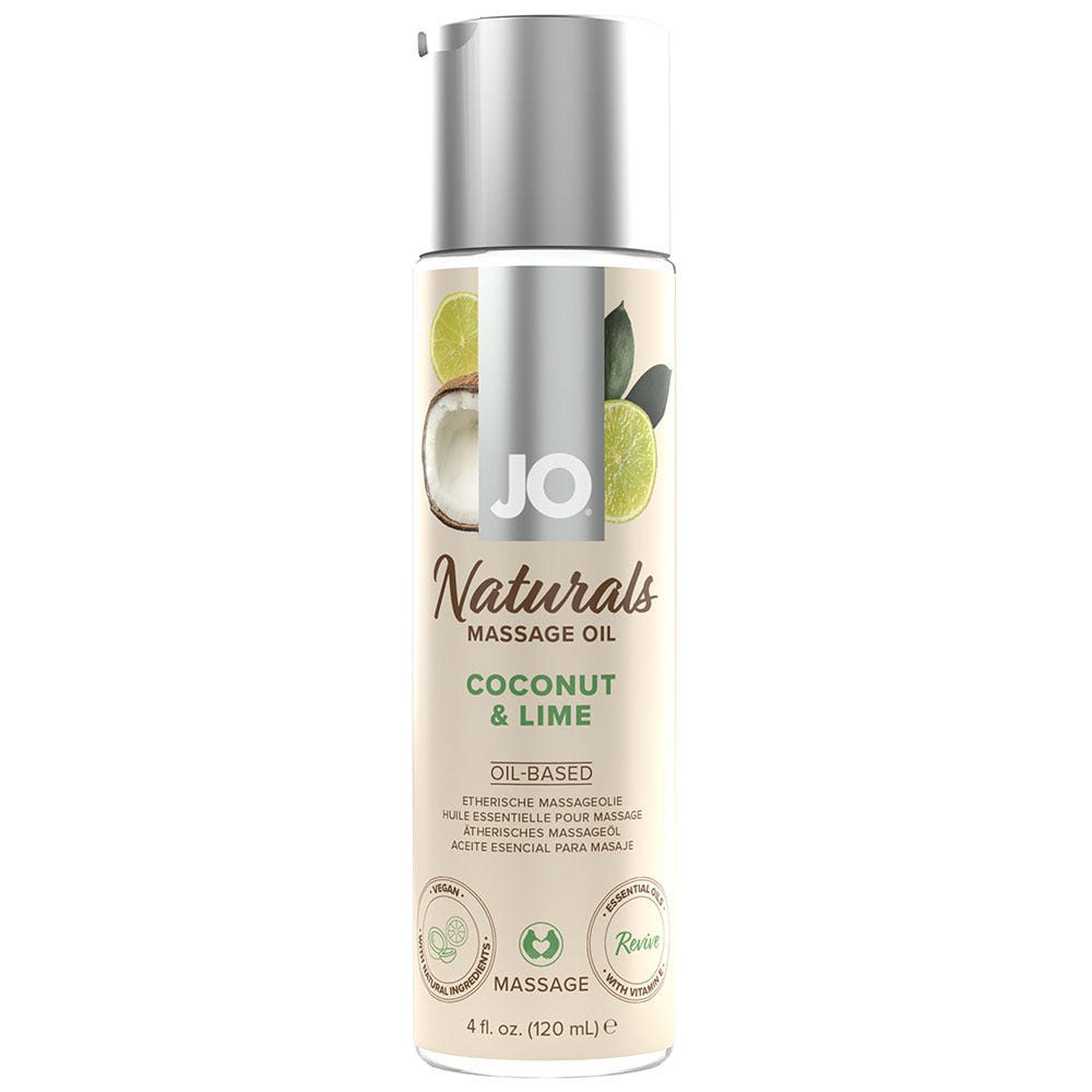 System JO Naturals Massage Oil Coconut & Lime mot vit bakgrund.