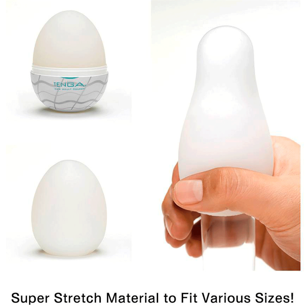 produktdemonstration av Tenga Egg Wavy II med en hand som håller produkten utsträckt