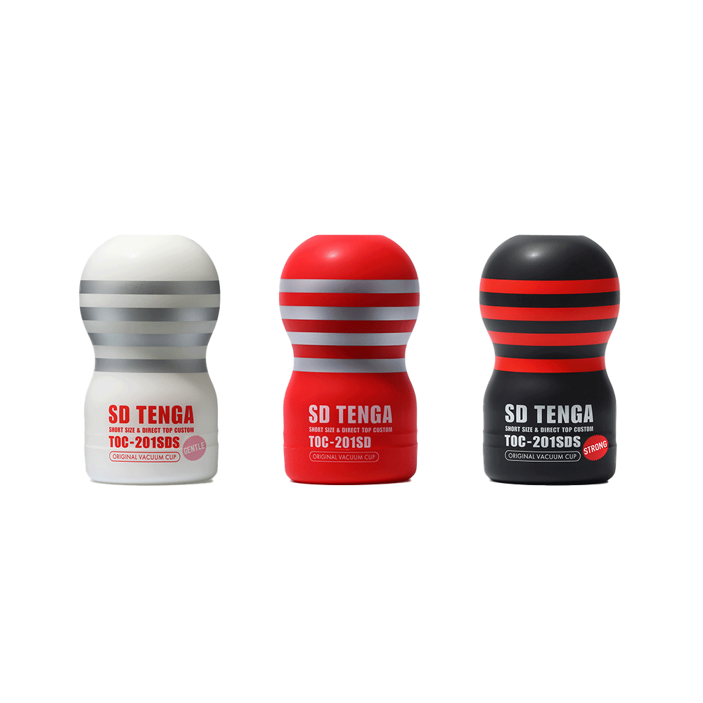 Tenga SD Original Vacuum Cup Strong och två andra modeller mot vit bakgrund. Lustly.se