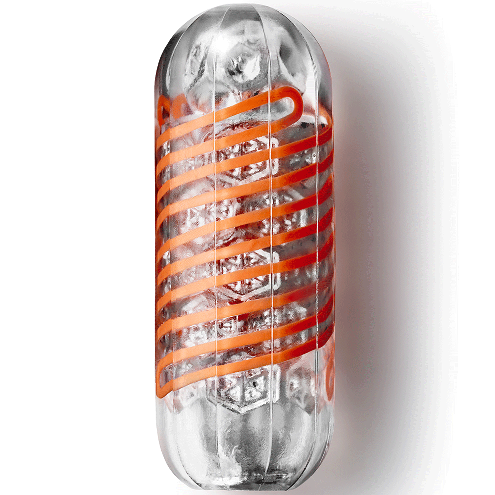 Tenga Spinner Masturbator Hexa utan skal eller fodral. Med spiraler i en orange färg.