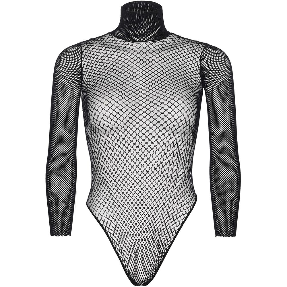 Turtleneck fishnet teddy mot vit bakgrund. Framsida.