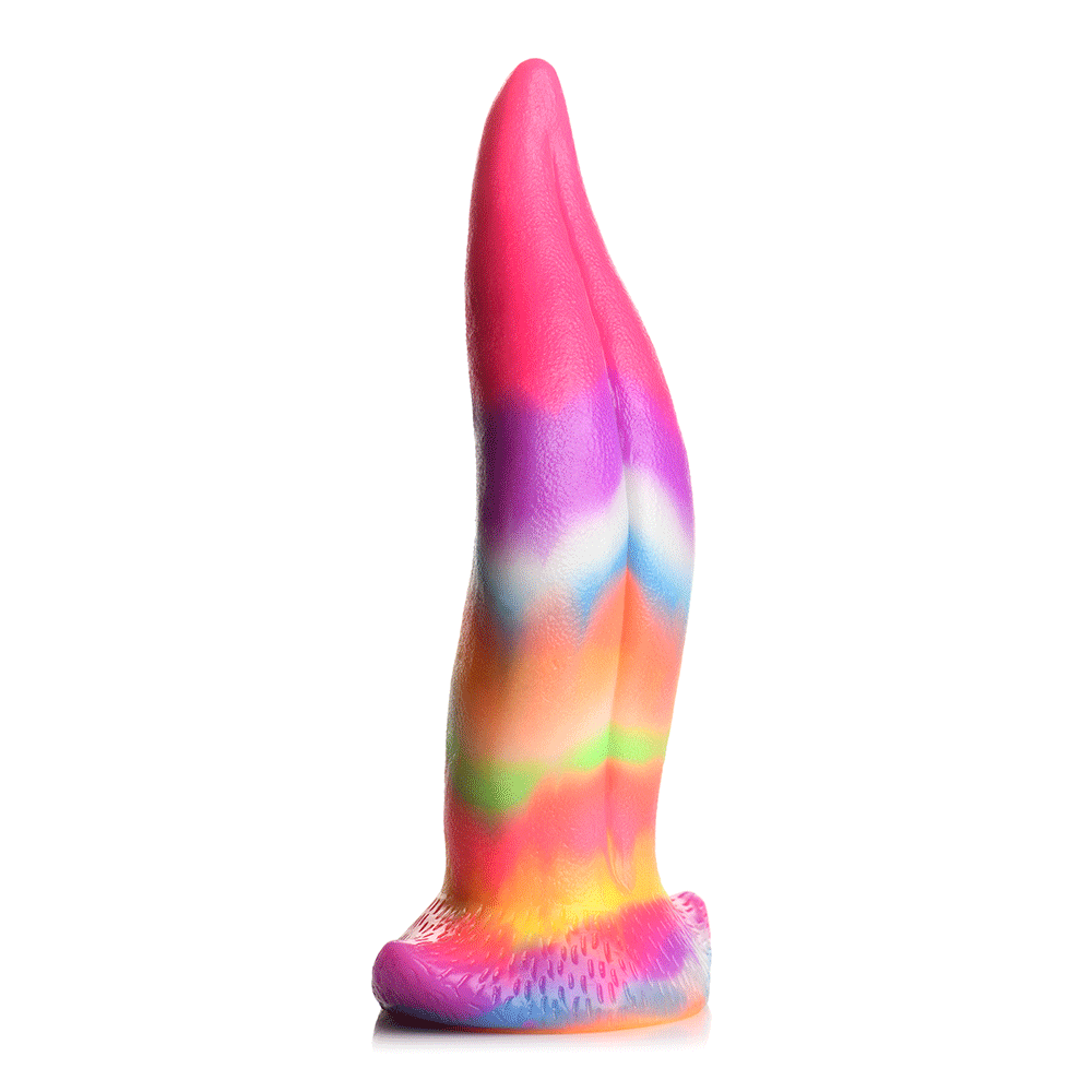 Unicorn Tongue Glow in the Dark Silicone Dildo ståendes mot vit bakgrund. Sidvinkel.