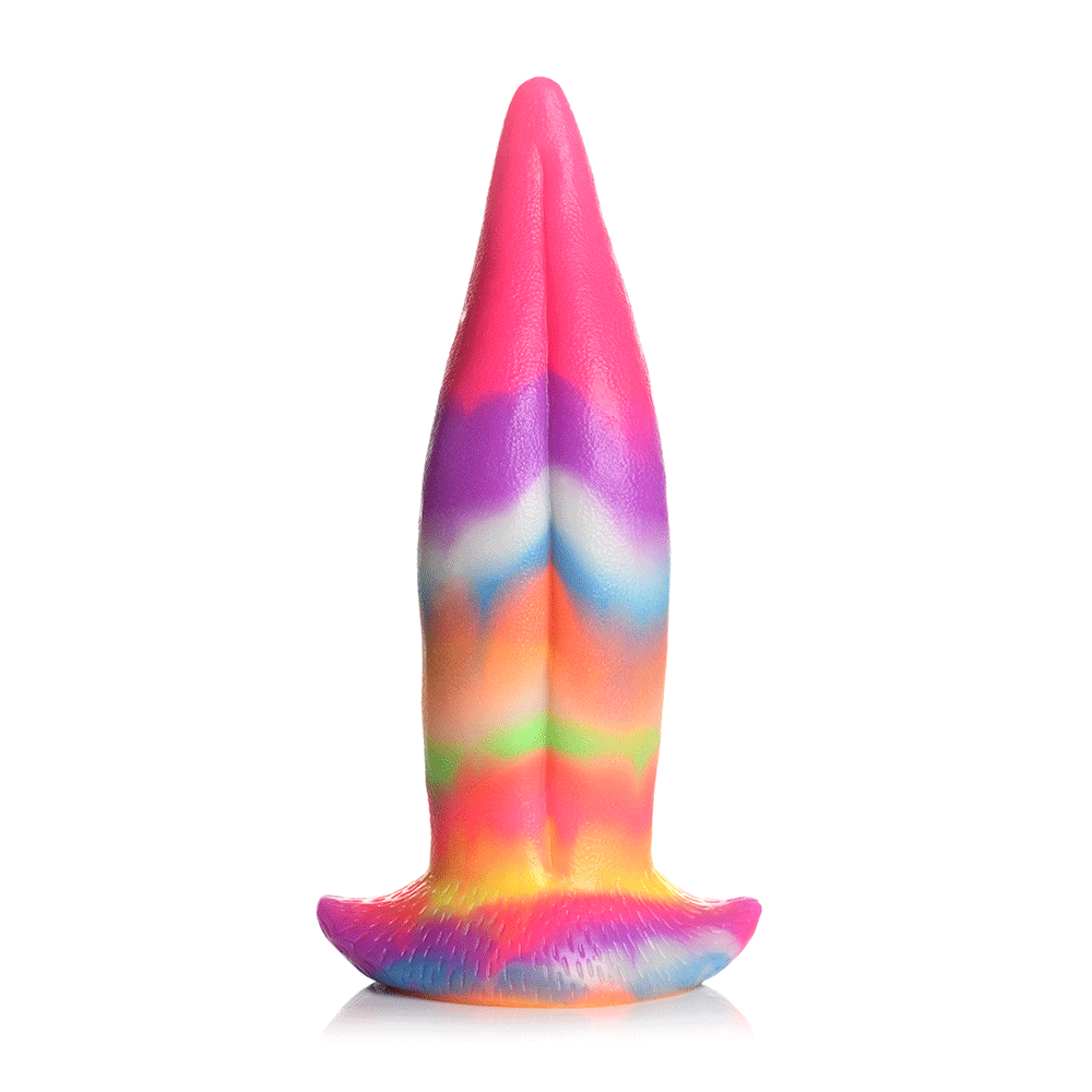 Unicorn Tongue Glow in the Dark Silicone Dildo framsida ståendes mot vit bakgrund.