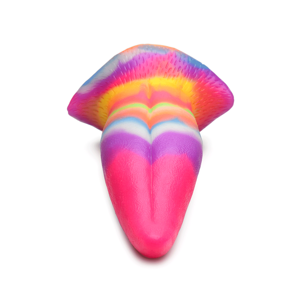 Unicorn Tongue Glow in the Dark Silicone Dildo framsida liggandes mot vit bakgrund.