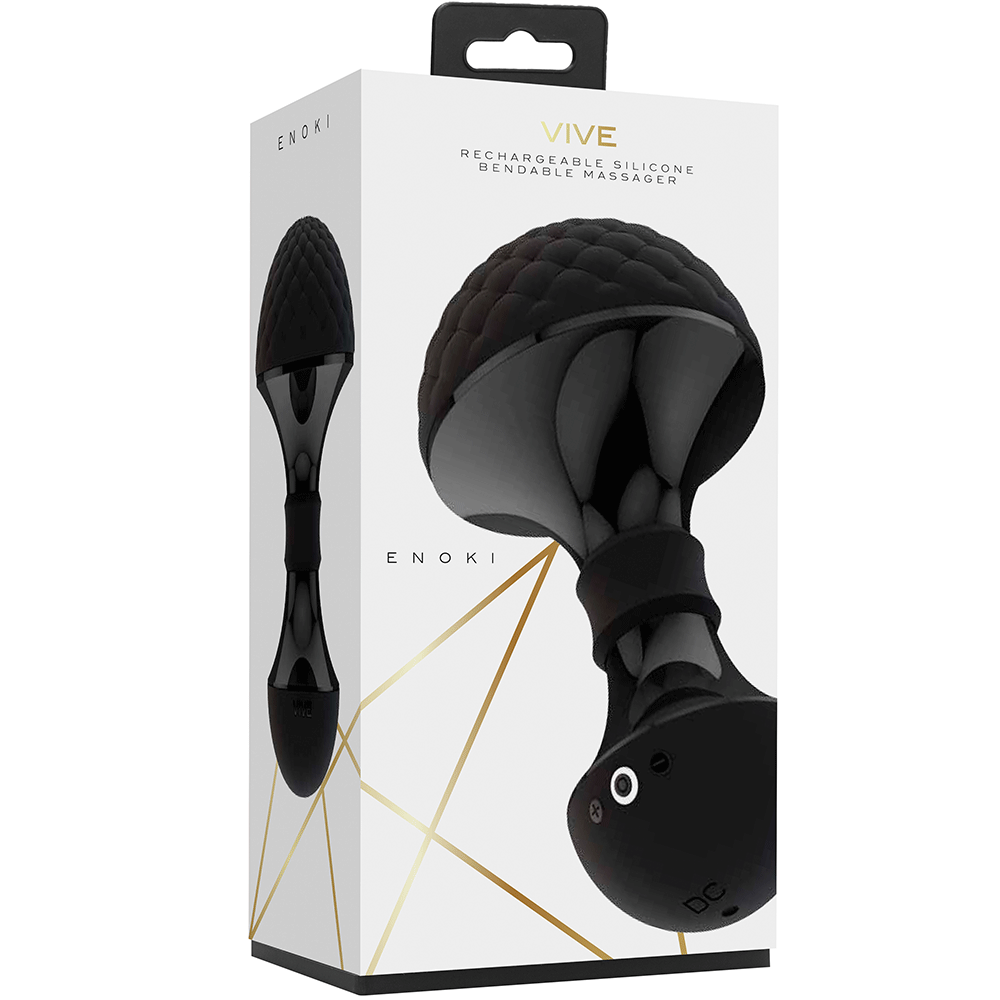 Förpackning till VIVE Enoki Bendable Massager. Vit kartong med svart produkt. Vit bakgrund.