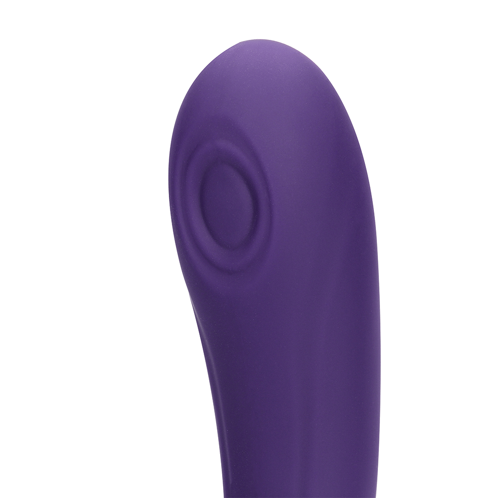 Närbild på VIVE Gen Rabbitvibrator med Borste Lila G-punktsdildo mot vit bakgrund.