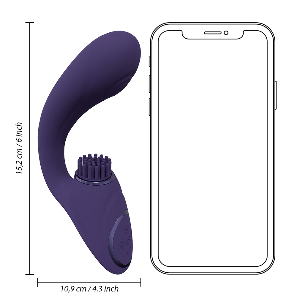 Dimensioner på VIVE Gen Rabbitvibrator med Borste Lila i jämförelse med en smartphone mot vit bakgrund.