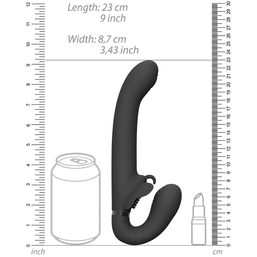 Dimensioner på Vive Satu Strapless Strap-on mot vit bakgrund.