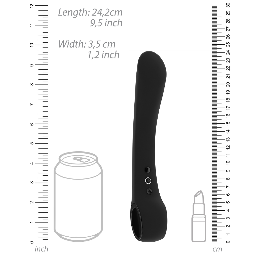 Storleksjämförelse av VIVE Ombra Bendable Vibrator. Två linjaler på sidan av produkten som mäter den.