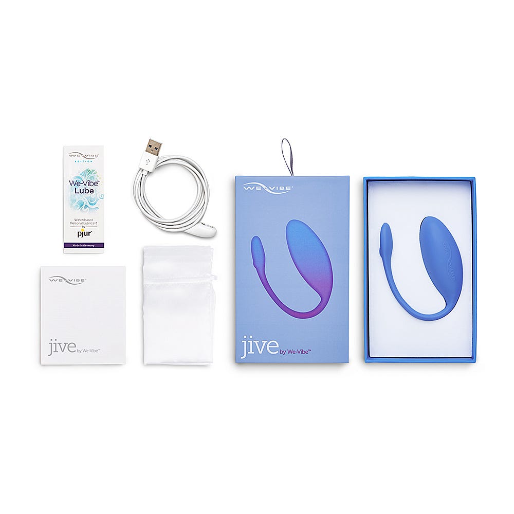 We-Vibe Jive Periwinkle Blue och tillbehör mot vit bakgrund.