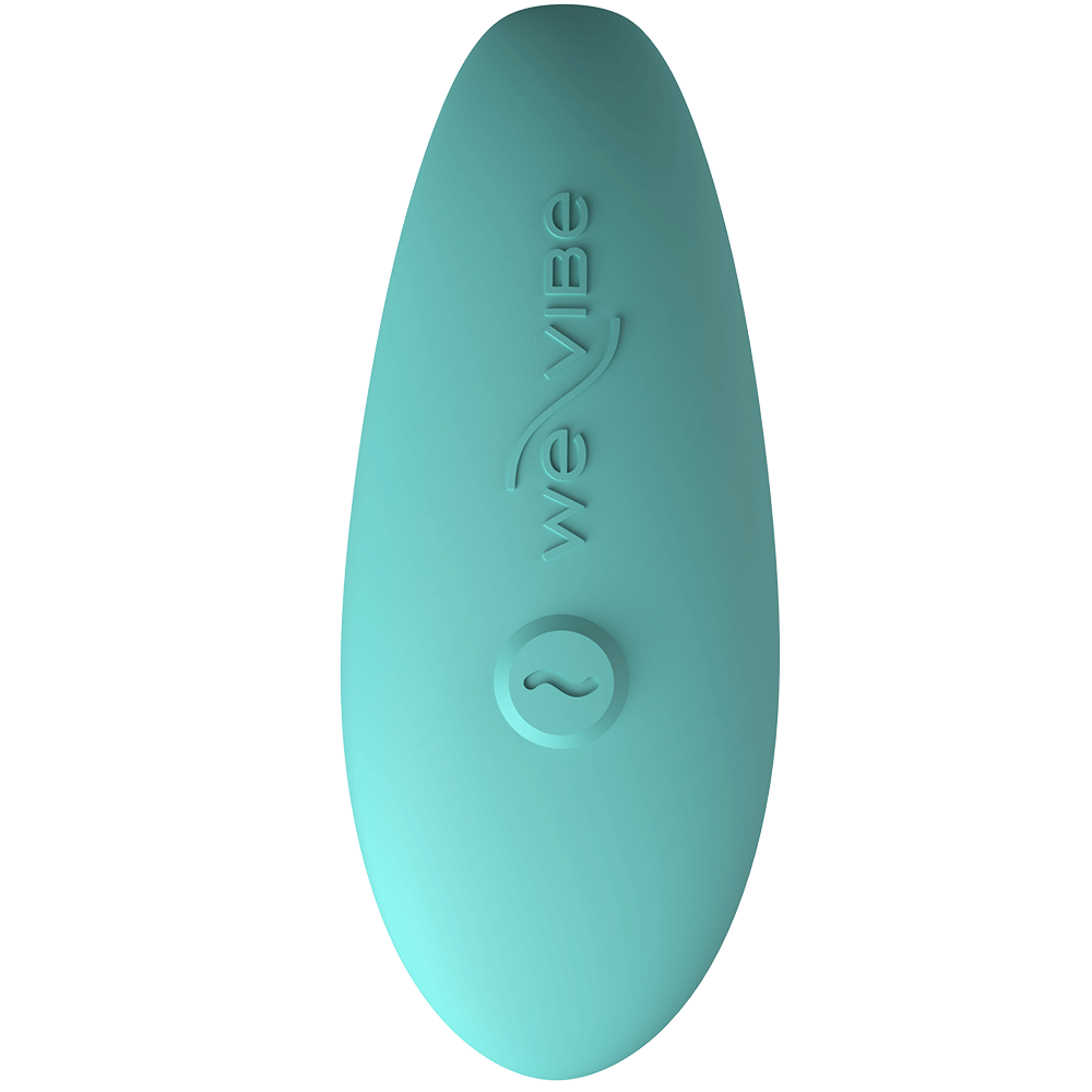 We-vibe Lite Aqua ovanifrån. En knapp med logotyp. Vit bakgrund.