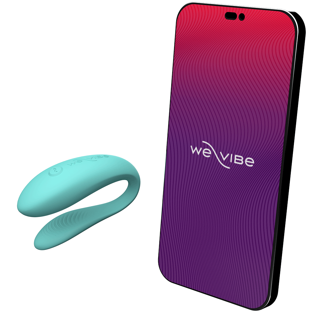 We-vibe Lite Aqua parvibrator bredvid en smartphone. På telefonens skärm syns logotyp. Vit bakgrund.