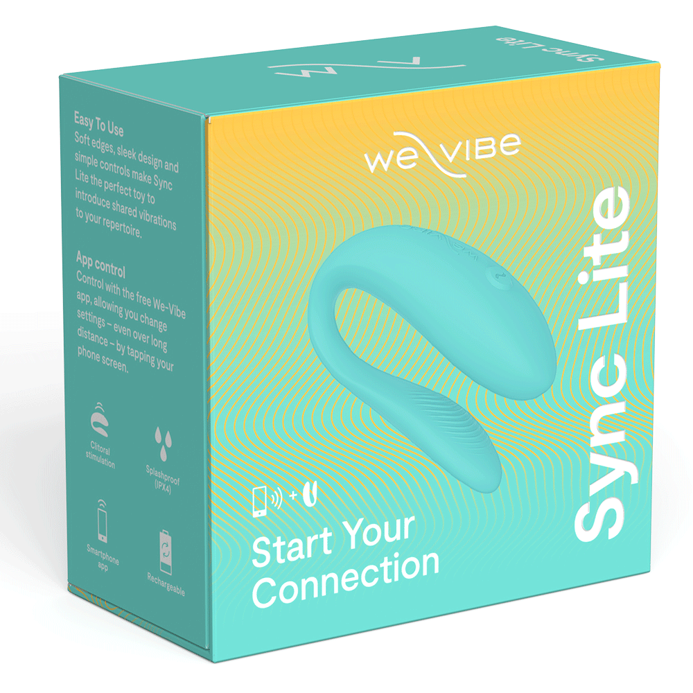 Förpackning till We-vibe Lite Aqua samlagsvibrator. Lådan är ljusblå eller ljusgrön med gula detaljer.