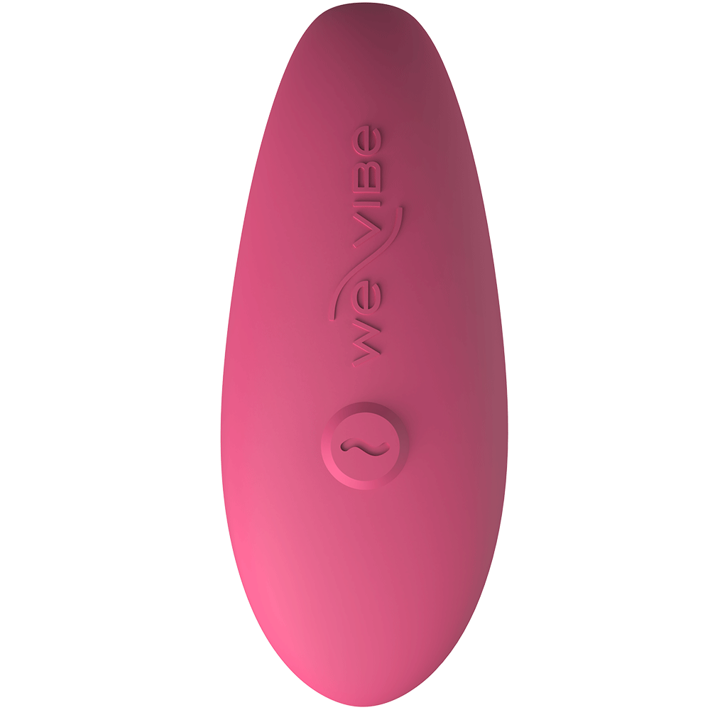 ovansidan på We-vibe Sync Lite Pink med en knapp och logga. Vit bakgrund.