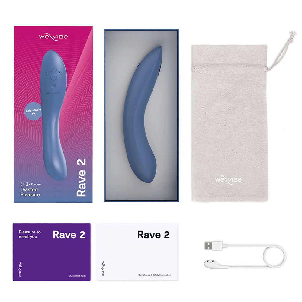 We-Vibe Rave 2 och produkttillbehör mot vit bakgrund.