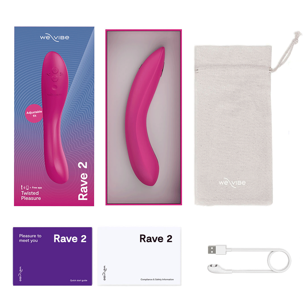 We-vibe Rave 2 Fuchsia och produkttillbehör mot vit bakgrund.