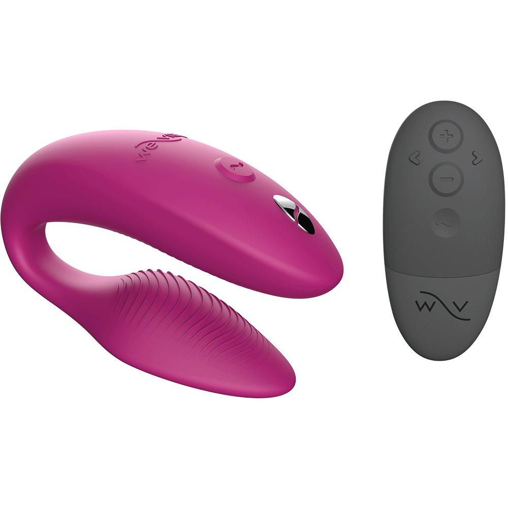 We-vibe Sync 2 Pink och svart fjärrkontroll med fem knappar och logotyp. Mot vit bakgrund.