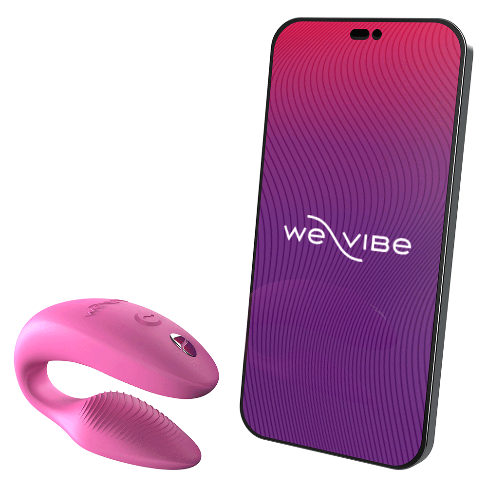 We-vibe Sync 2 Pink bredvid en smartphone som har We-Connect appen uppe med logotyp. Vit bakgrund.