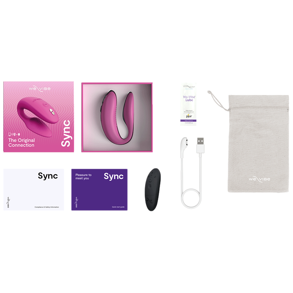 We-vibe Sync 2 Pink och alla tillbehör. USB-kabel som laddsladd och förvaringspåse.