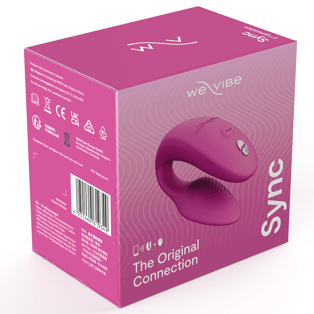 förpackningen till We-vibe Sync 2 Pink. Rosa låda och vita detaljer med produkten på framsidan.