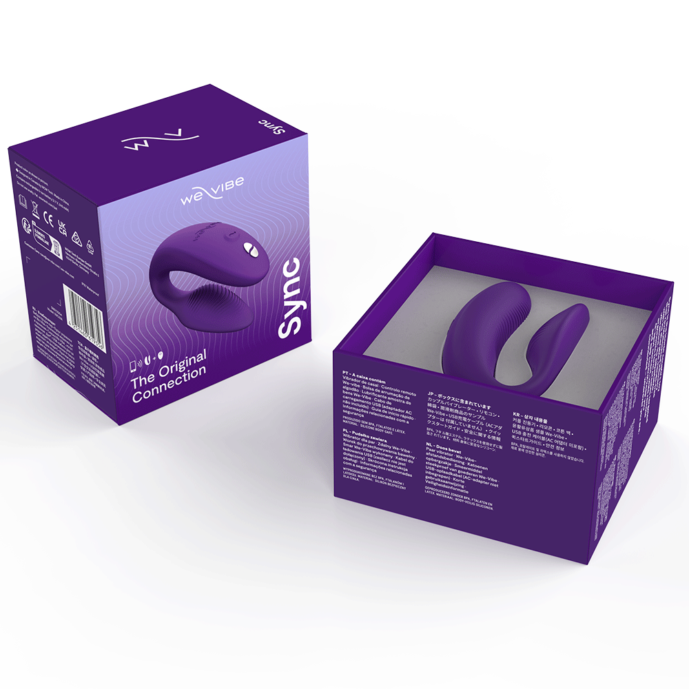 Öppen förpackning till We-vibe Sync 2 Purple. Lila kartong med vita detaljer- Man ser produkten i den öppna lådan.