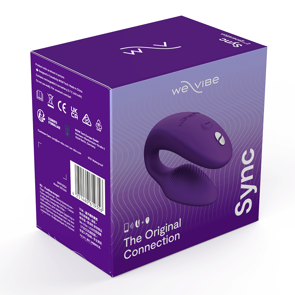 förpackning till We-vibe Sync 2 Purple. Lila låda med vita detaljer och produkten på paketet. 