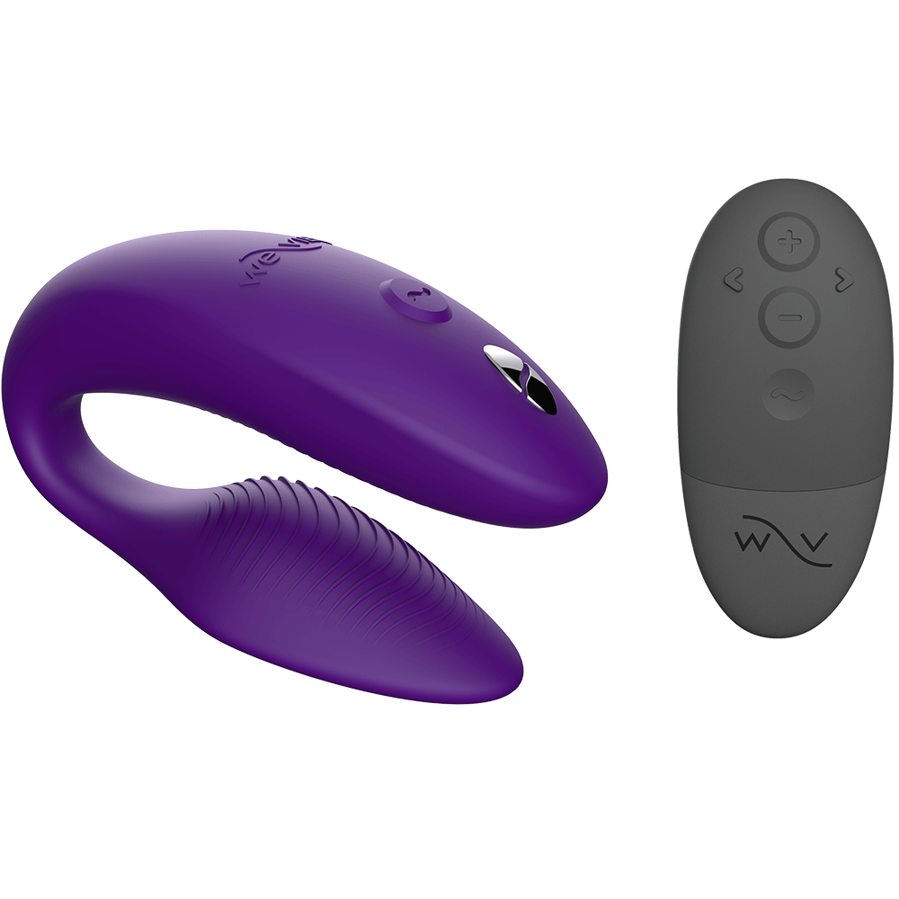 We-vibe Sync 2 Purple och svart fjärrkontroll med 5 knappar. Mot vit bakgrund.