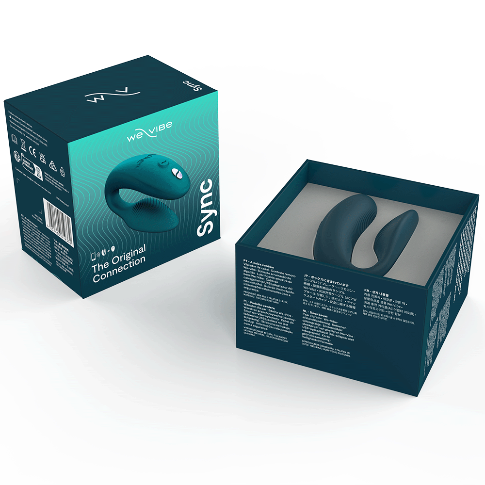 We-vibe Sync 2 Velvet Green i sin förpackning. Grön kartong med produkten och vit text.