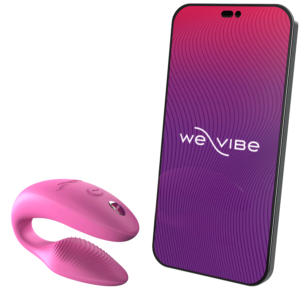 We-vibe Sync Appstyrd Parvibrator bredvid en smartphone med logga och rosa och lila färger