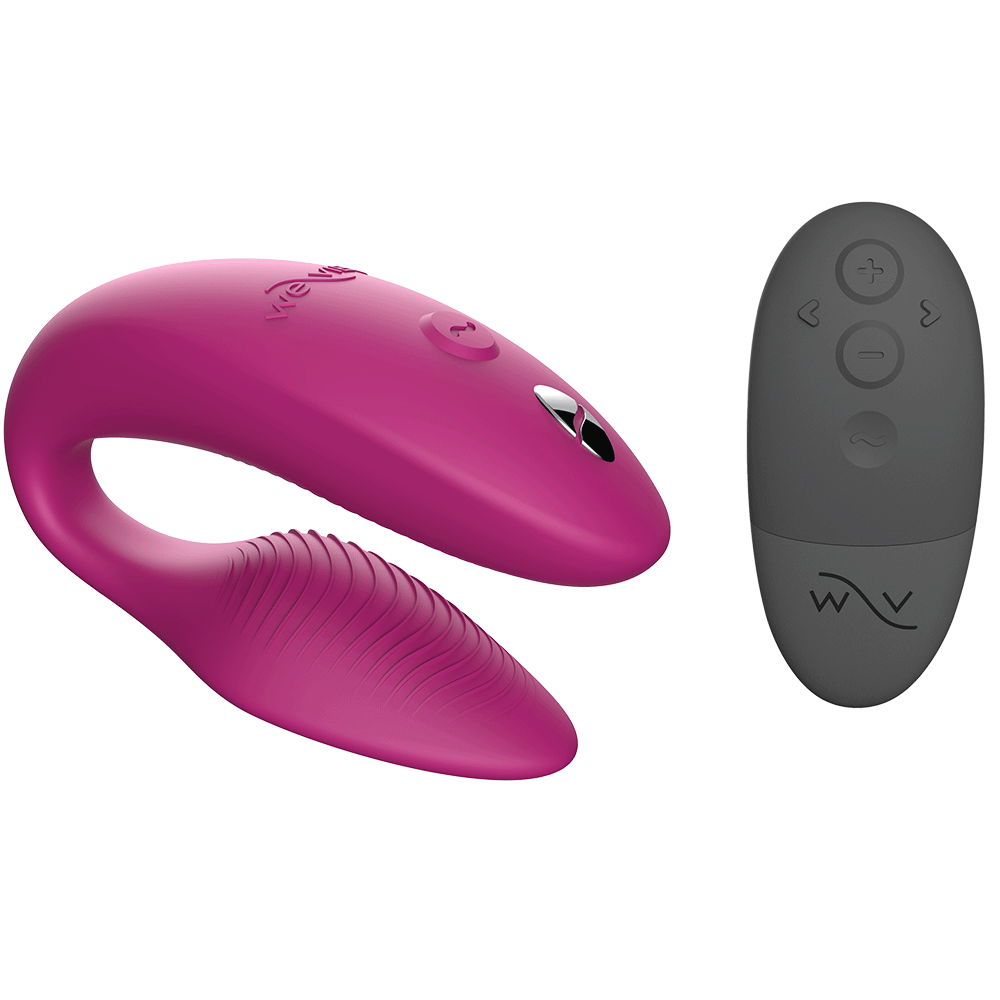 We-vibe Sync Appstyrd Parvibrator med svart fjärrkontroll med tre knappar. Vit bakgrund.