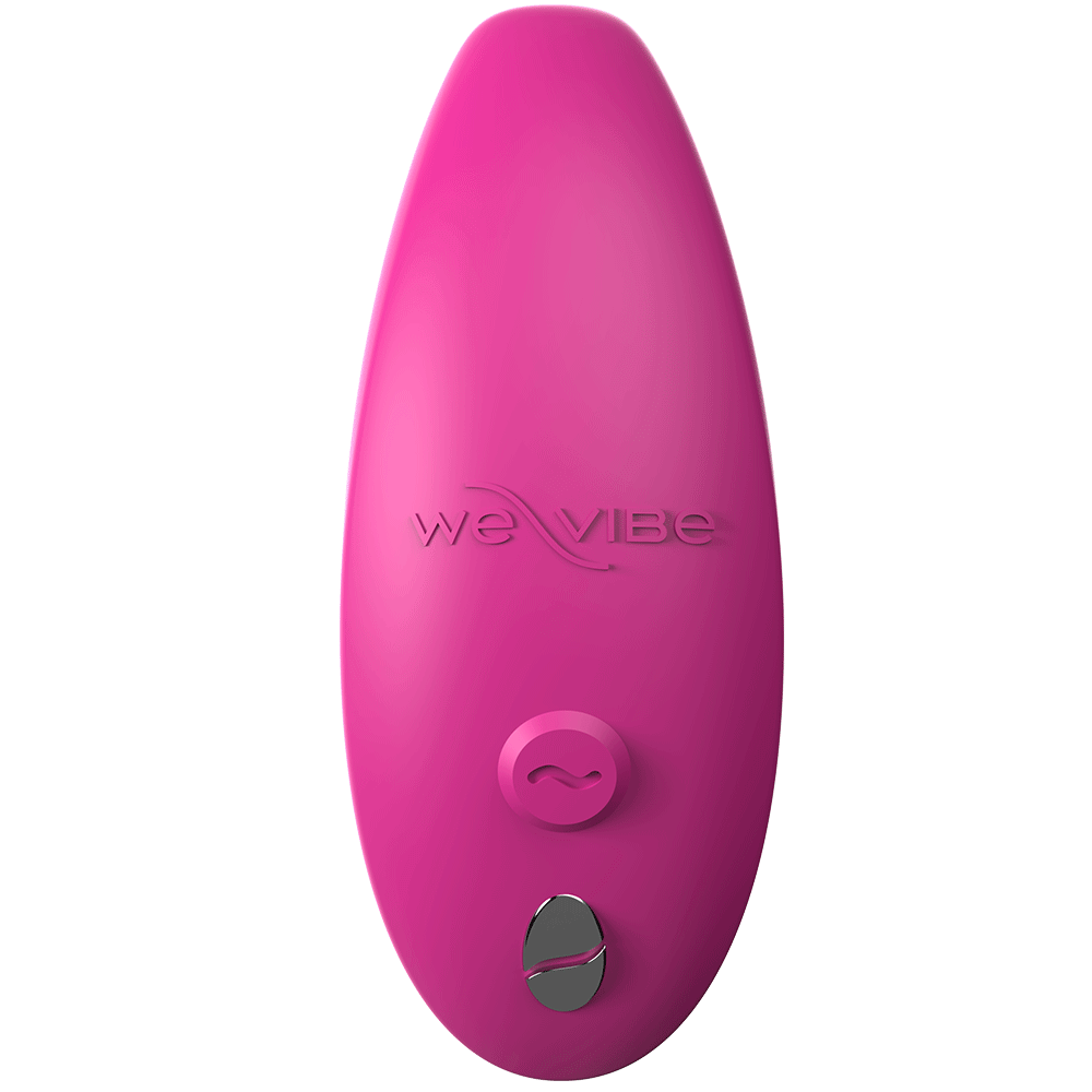 Ovansidan av We-vibe Sync Appstyrd Parvibrator med logga och en knapp. Vit bakgrund.