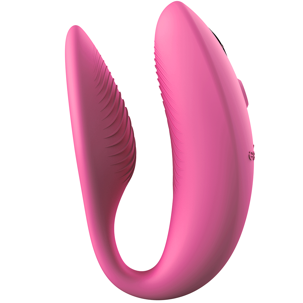 We-vibe Sync Appstyrd Parvibrator från sidan. Räfflad insida och U-form. Rosa produkt.