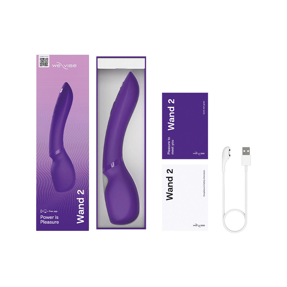 Förpackning av We-Vibe Wand 2 Purple, magic wand vibrator med elegant design och användarvänliga funktioner.