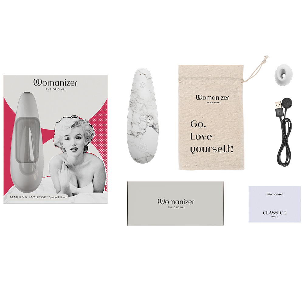 Womanizer Classic 2 Marilyn Monroe White Marble luftrycksvibrator i en låda med tillbehör och laddare