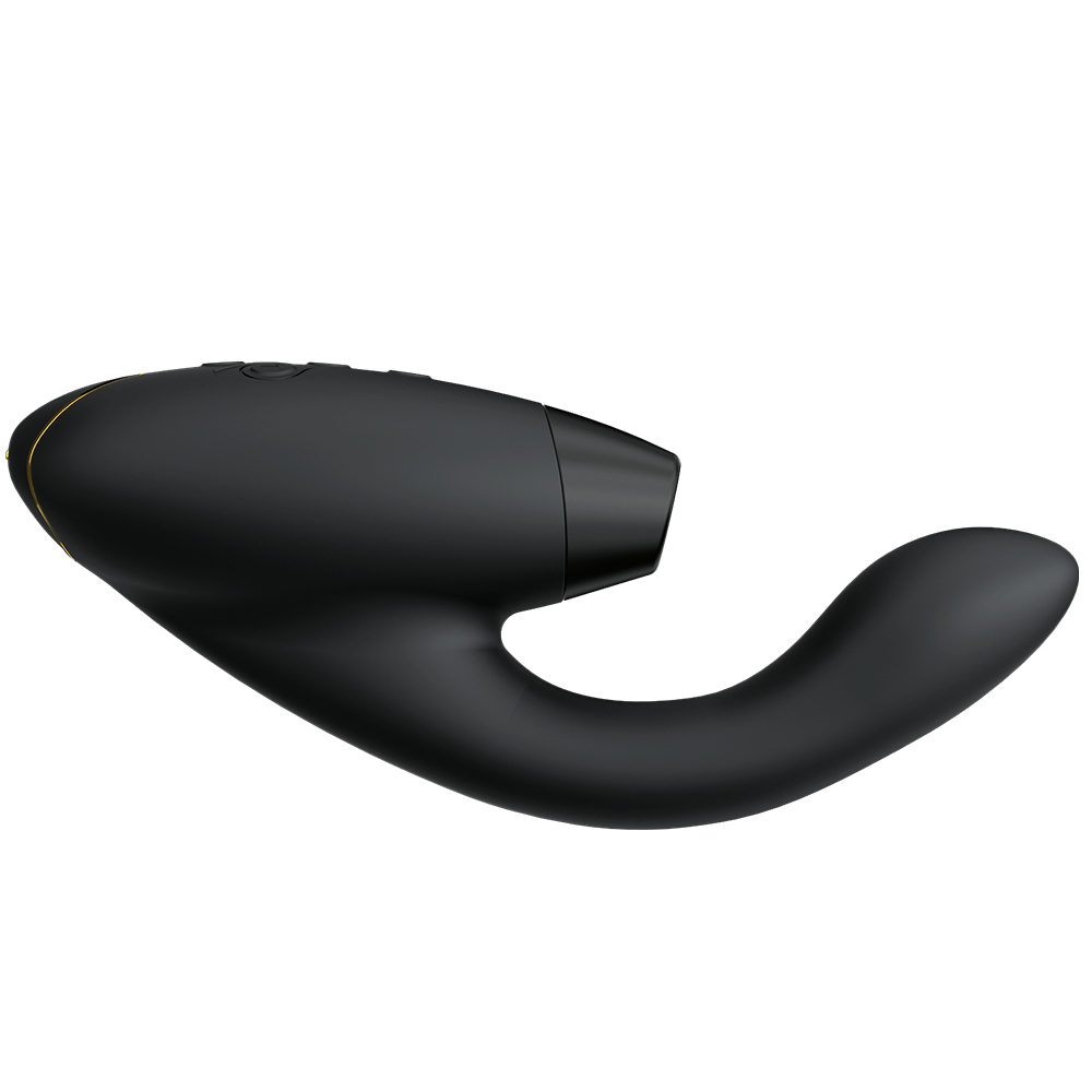 Womanizer Duo 2 Black Rabbit Lufttrycksvibrator i sidvy mot vit bakgrund