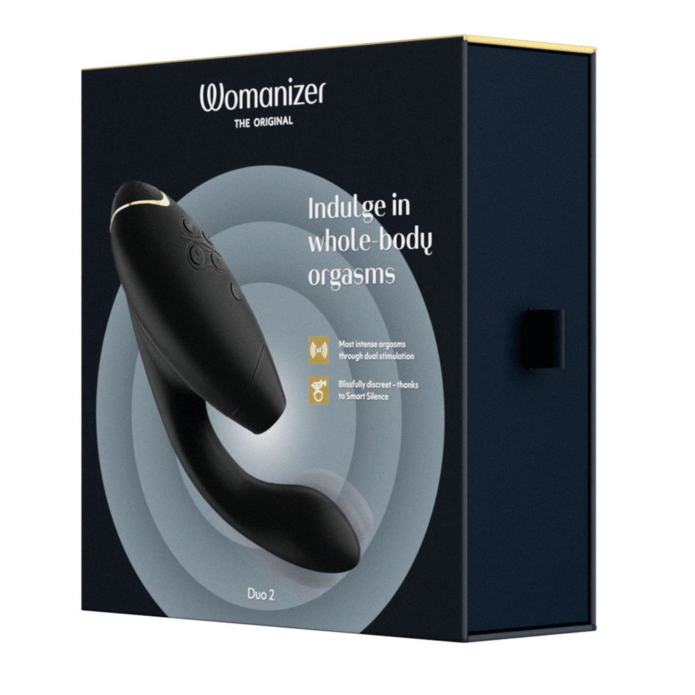 kartongen från Womanizer Duo 2 Black Rabbit Lufttrycksvibrator. Svart och grå mot vir bakgrund.