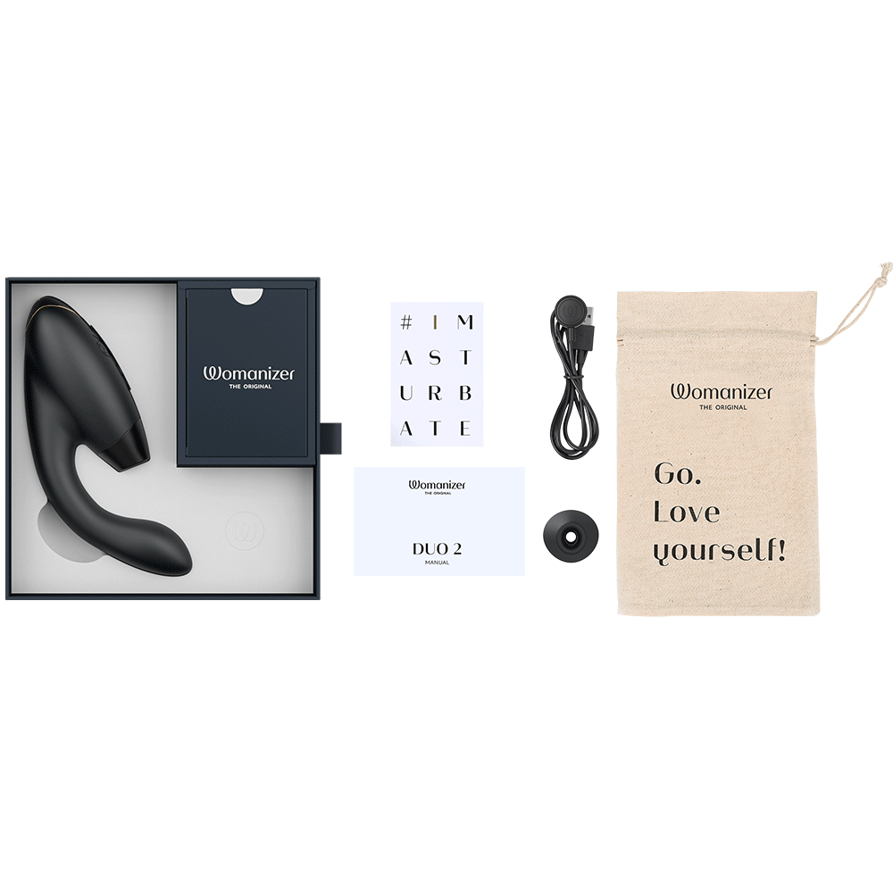 Womanizer Duo 2 Black Rabbit Lufttrycksvibrator tillbehör och laddsladd