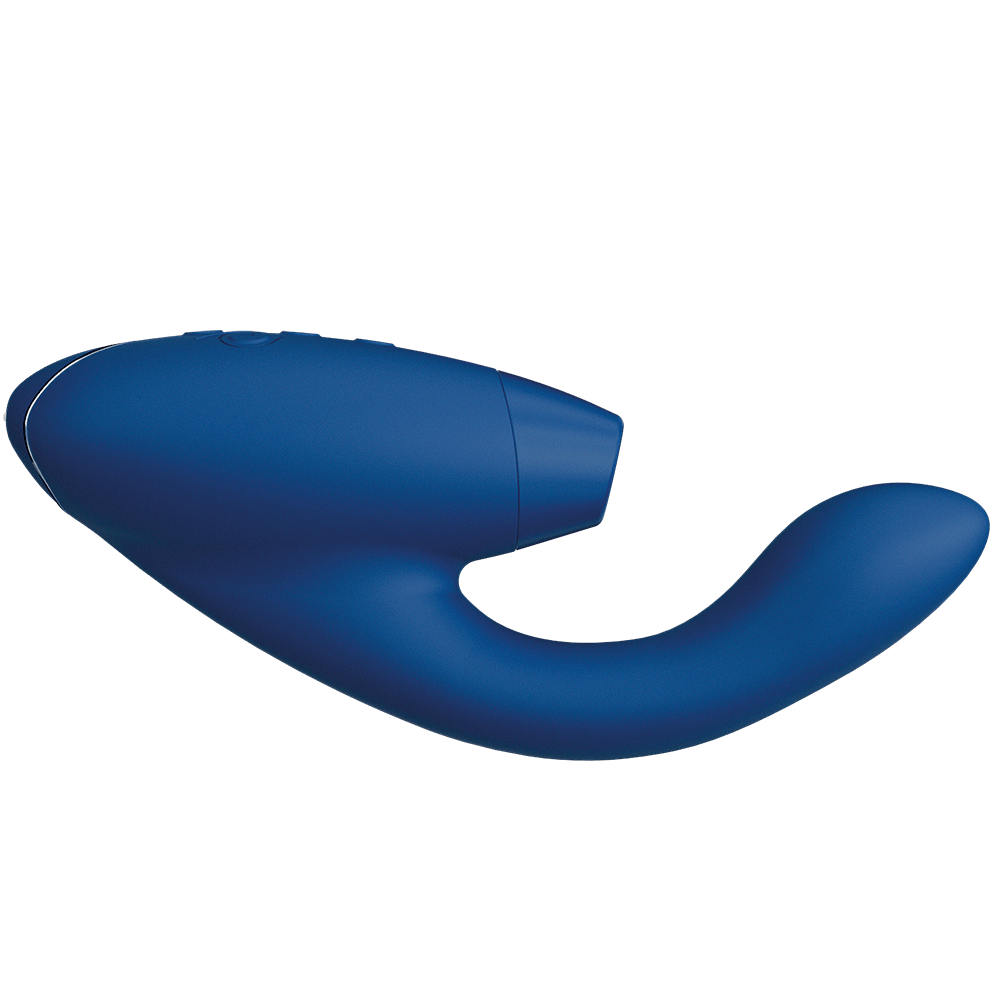 Demonstration av Womanizer Duo 2 Blue lufttrycksvibrator med g-punkt. mot vit bakgrund