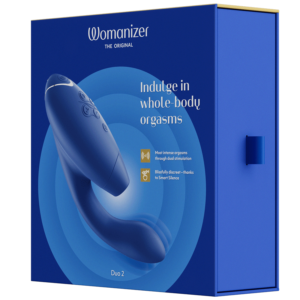 Womanizer Duo 2 Blue kartong med text &quot;indulge in whole-body orgasms&quot;