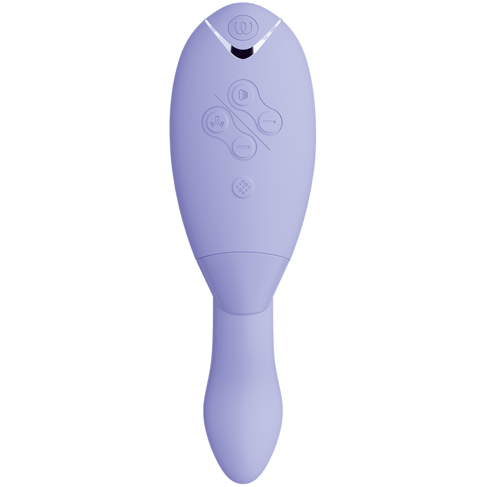 framsidan av lufttrycksvibrator Womanizer Duo 2 Lilac. Knappar och funktioner mot vit bakgrund.