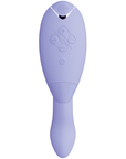 framsidan av lufttrycksvibrator Womanizer Duo 2 Lilac. Knappar och funktioner mot vit bakgrund.