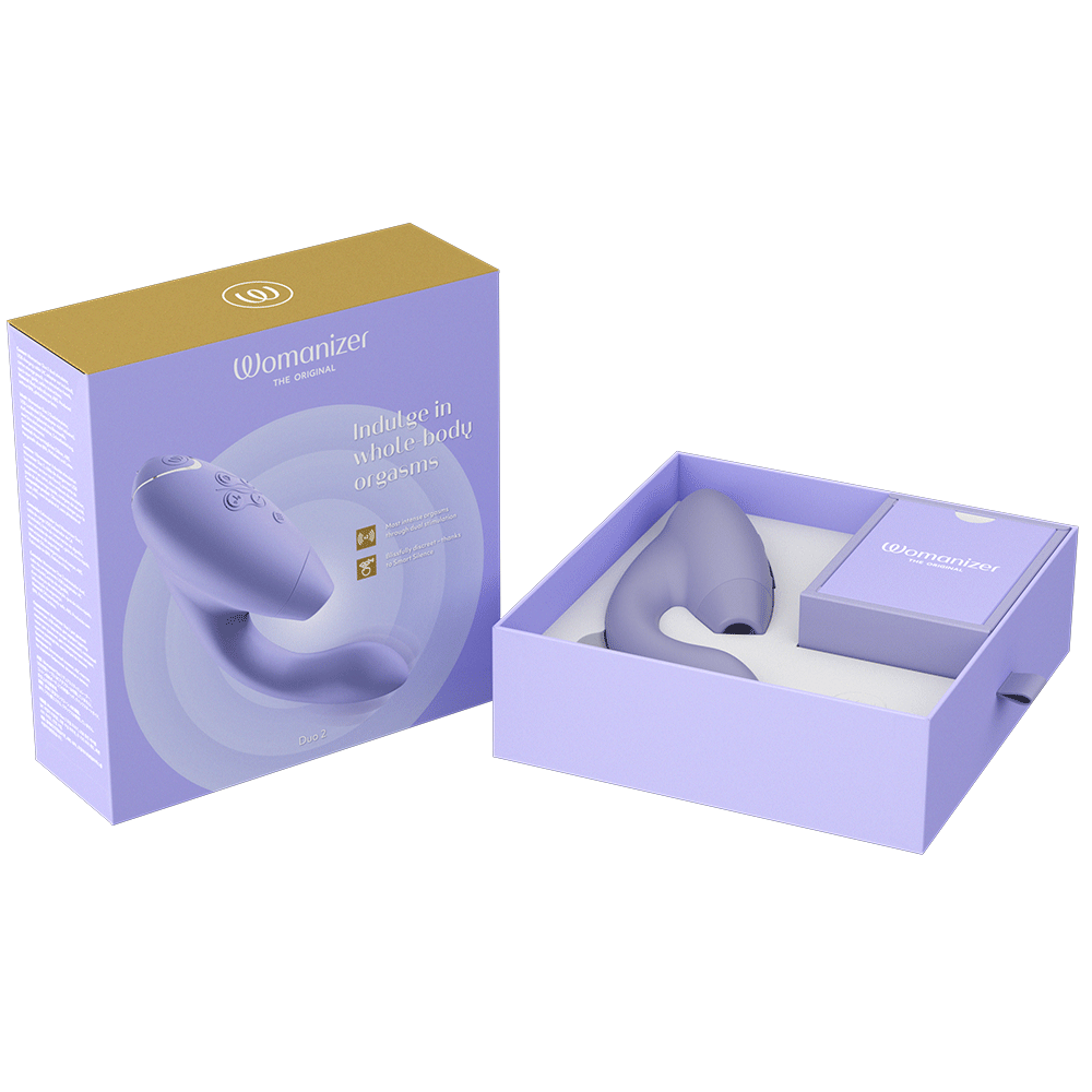 Womanizer Duo 2 Lilac i en lila låda med Womanizers logga.