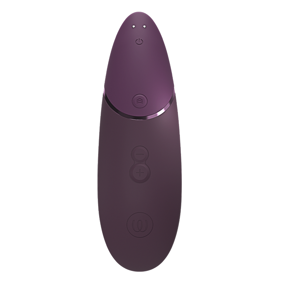 Framsida av Womanizer Next Dark Purple Lufttrycksvibrator mot vit bakgrund.