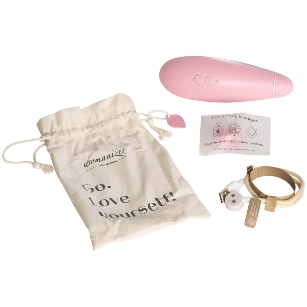 Womanizer Premium Eco Rose klimatsmart lufttrycksvibrator med tillbehör som laddare och påse