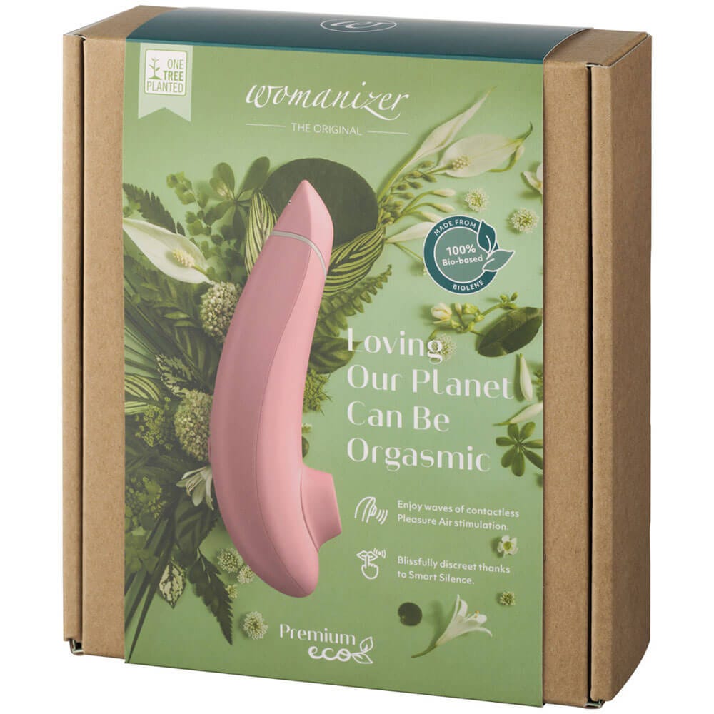 Womanizer Premium Eco Rose klimatsmart lufttrycksvibrator. Låda med texten &quot;Loving our planet can be orgasmic&quot;